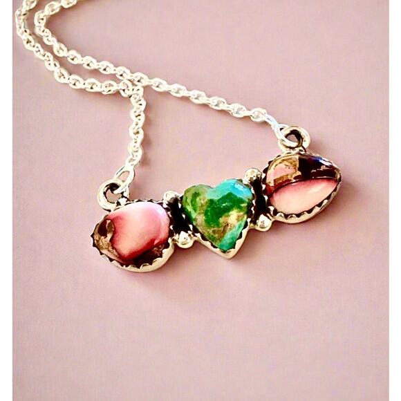 Sonoran Gold Turquoise & Rose Dahlia Heart Necklace 16-18” - Picture 7 of 8